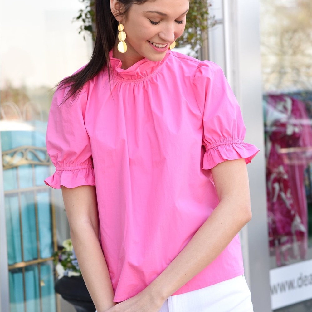 Bright Pink Ruffle Neck Short Sleeve Top